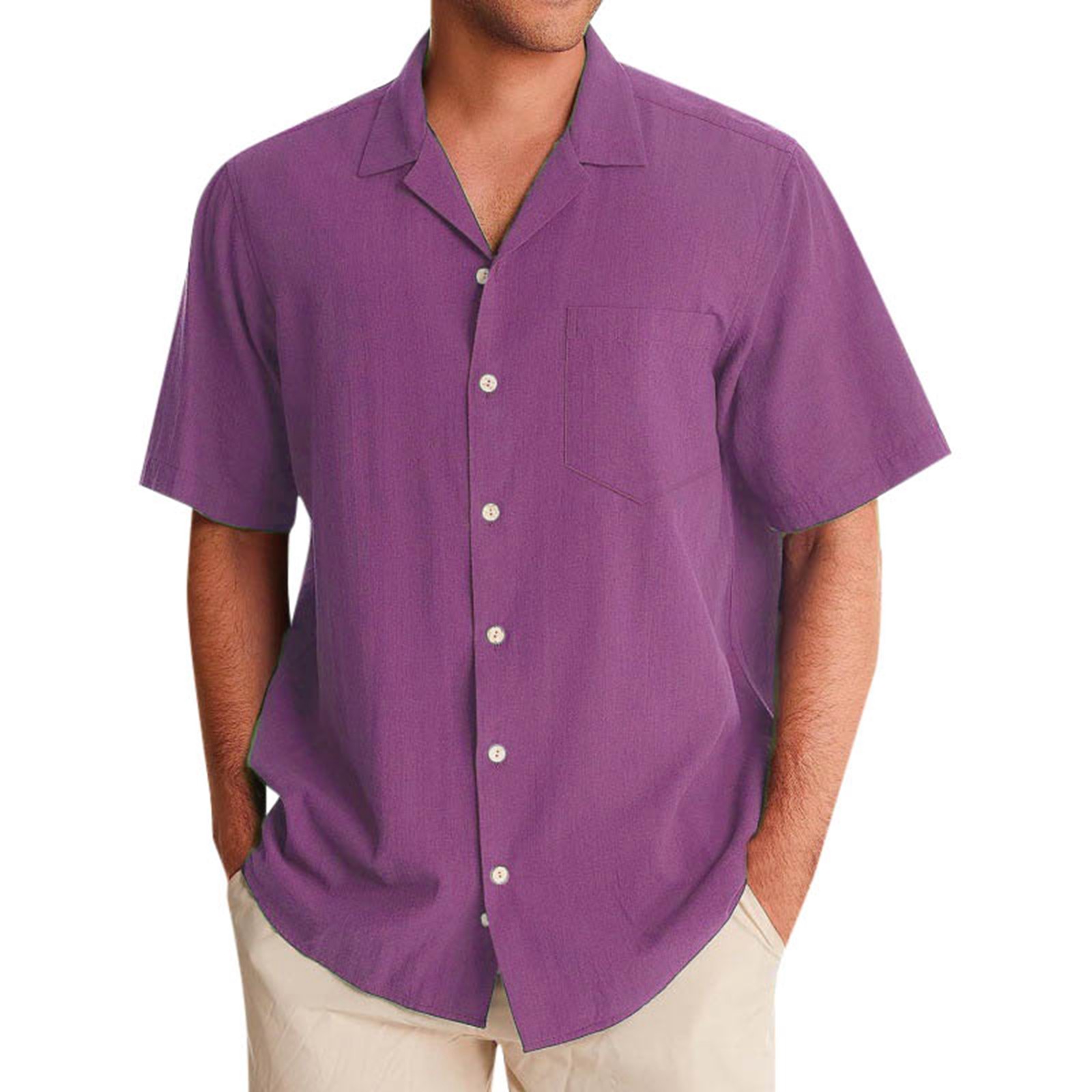 thumbnail image 3 of Camisa de manga corta de lino para hombre 2025: solapa grande, estilo hawaiano, transpirable para la playa y los deportes, 3 of 5